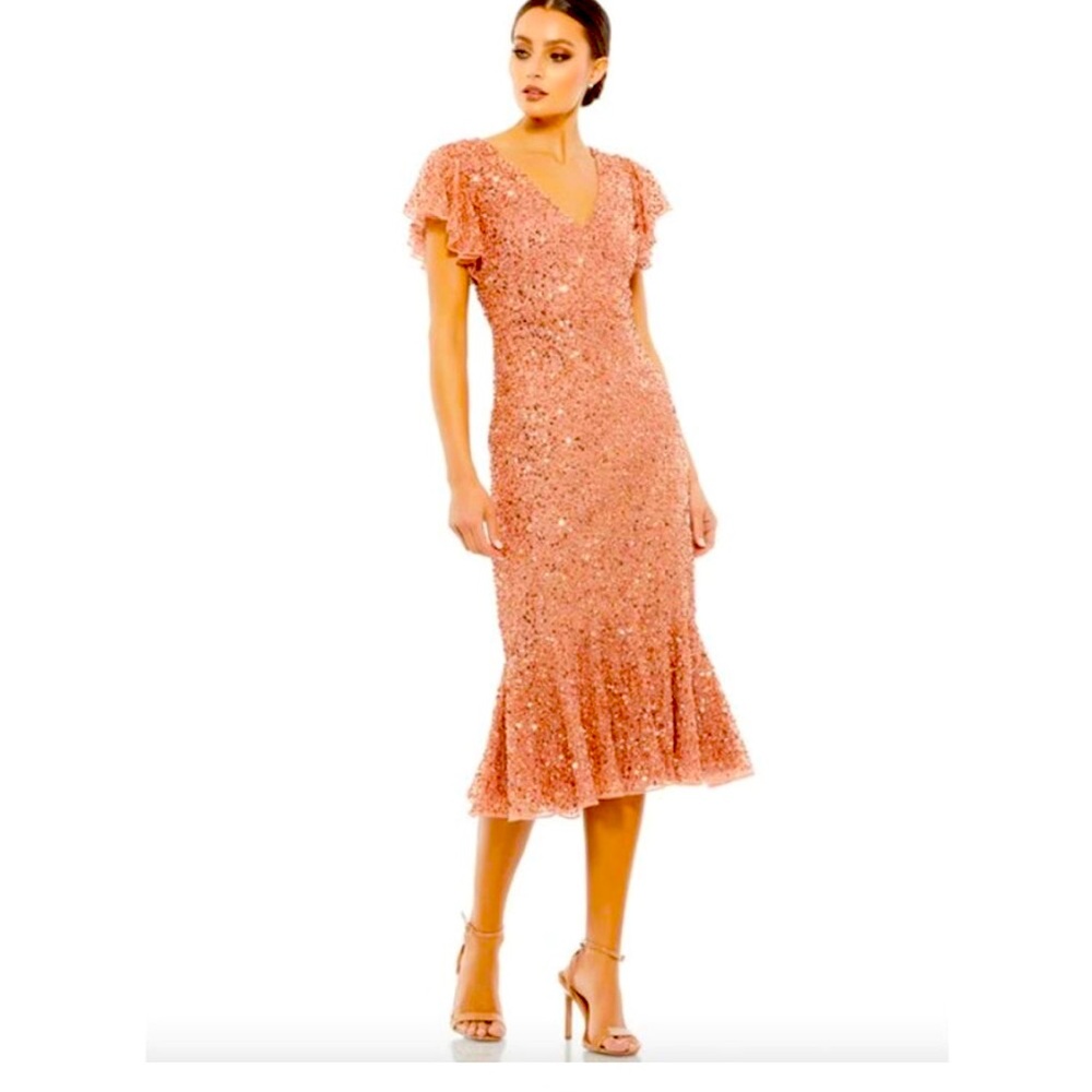 Gorgeous NWOT Flutter Sleeve Cocktail Dress by Mac Duggal Sz 16 in Rose Gold